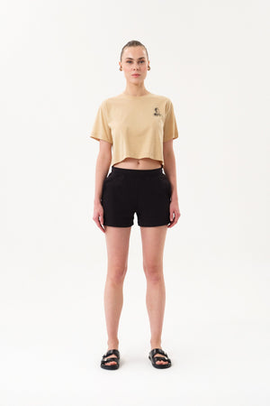 Wild Horse Grafik Baskılı Crop Kadın Bisiklet Yaka T-shirt - Bej