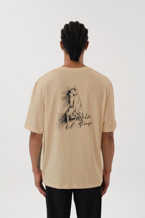 Wild Horse Grafik Baskılı Oversize Bisiklet Yaka T-shirt - Bej