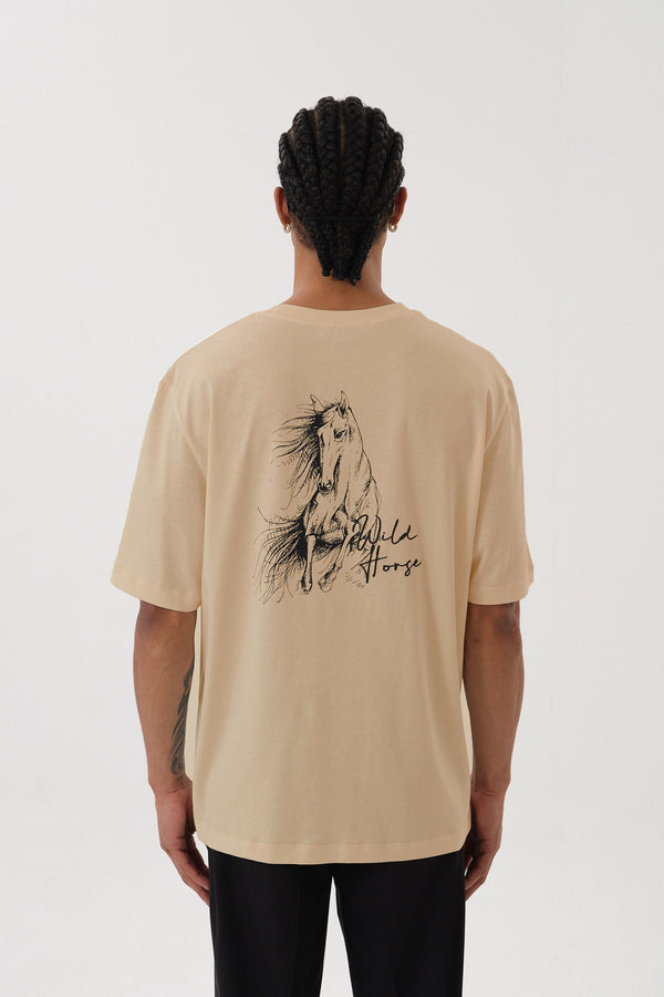Wild Horse Grafik Baskılı Oversize Bisiklet Yaka T-shirt - Bej
