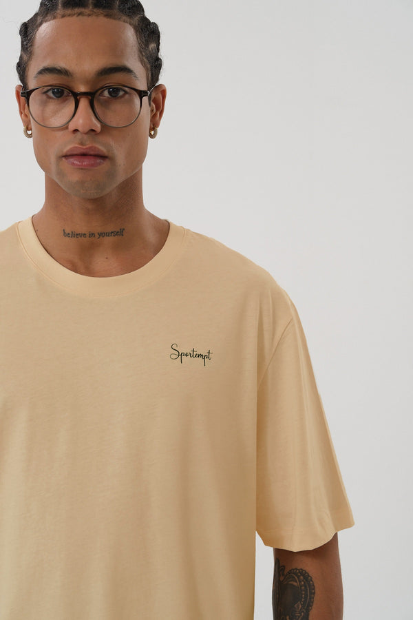 Wild Horse Grafik Baskılı Oversize Bisiklet Yaka T-shirt - Bej