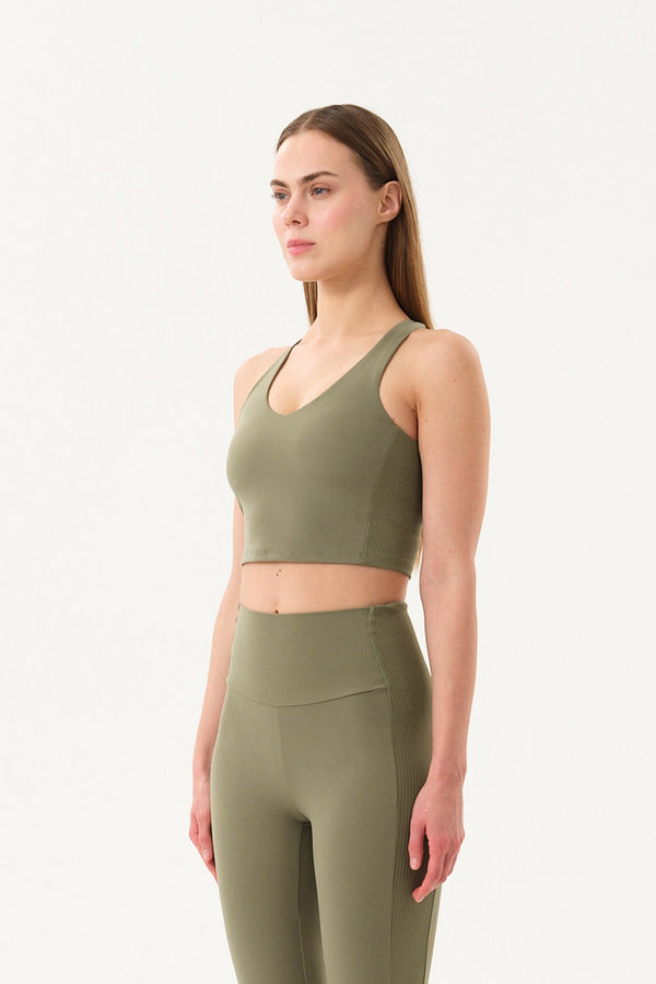 Yanı Panelli V Yaka Tam Destekli Kadın Tank Top - Haki